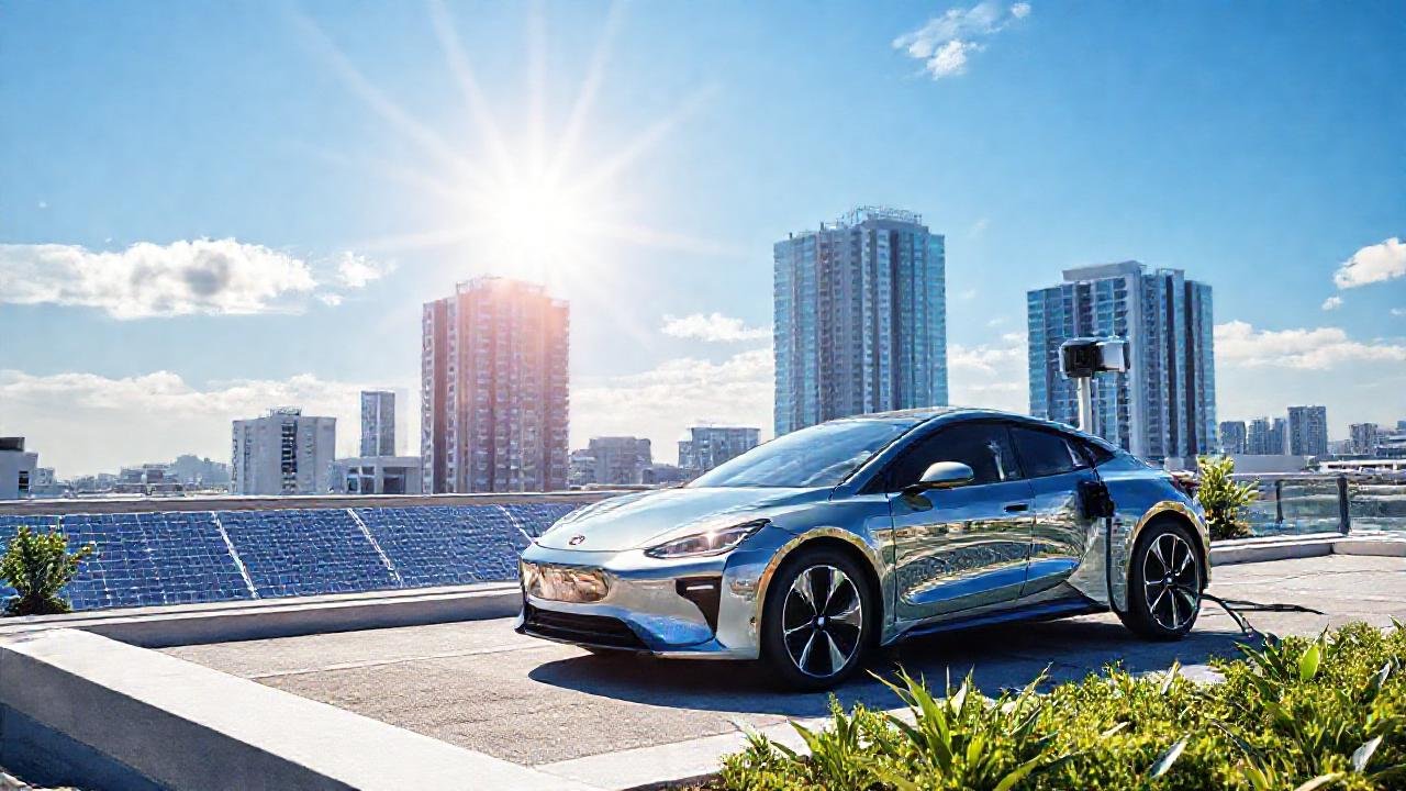 Coche solar carga energía en la ciudad