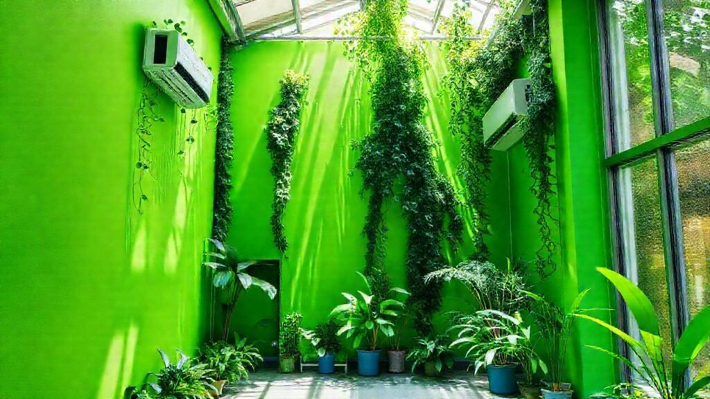 Un edificio moderno y verde brilla