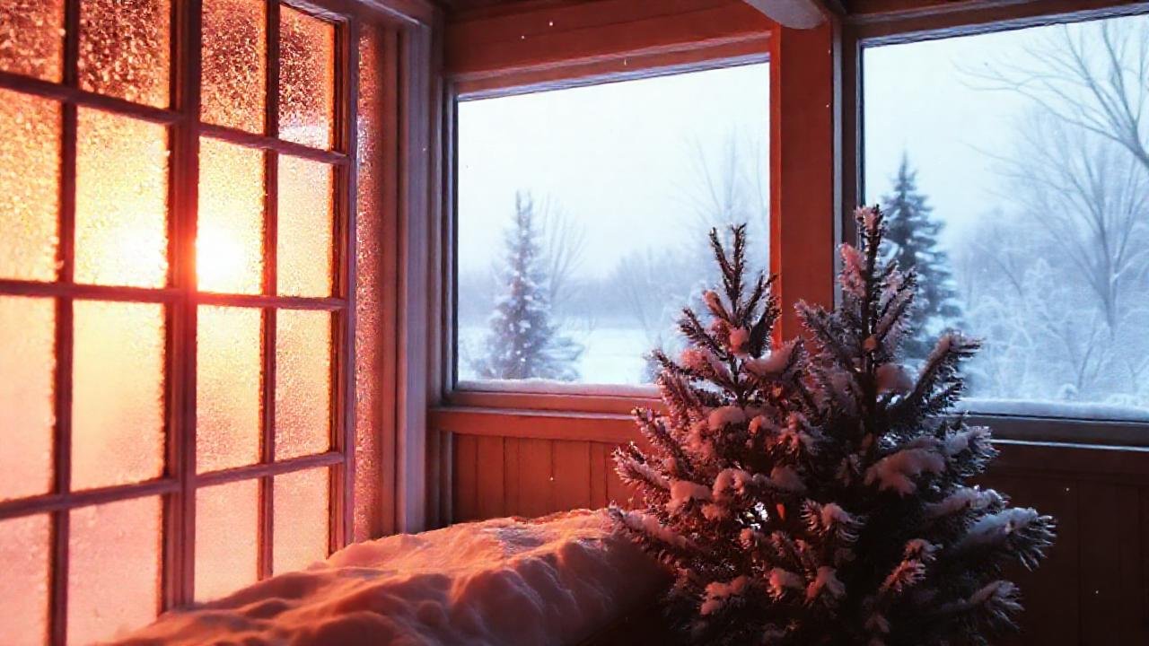 Ventana nevada irradia un cálido y acogedor brillo