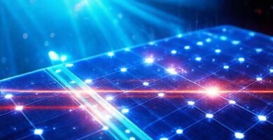 Panel solar futurista emite luz azul